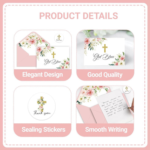 SMUAENSS 48 Pack Communion Christian Thank You Cards, Watercolor Pink Floral Cross Baptism Thank You Cards