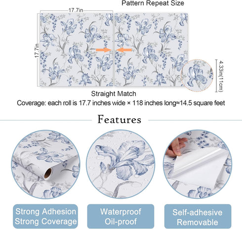 17.7"x118" Blue Grey Floral Peel and Stick Wallpaper, Iris Flower Bouquet Mural for Bedroom Nursery
