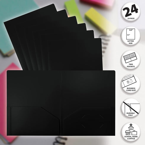 Better Office Products Heavyweight Plastic 2 Pocket Portfolio Folder - Letter Size Poly Folders, 24 Pack