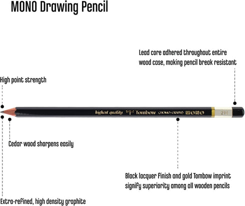 Tombow 51512 MONO Drawing Pencil, 2H, Graphite, 12-Pack