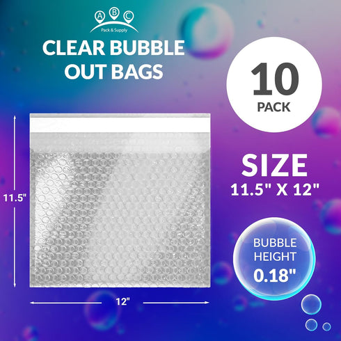 Clear Bubble Out Bags, 12 x 11.5 Inches, Pack of 10 Polyethylene Self Seal Bubble Pouches