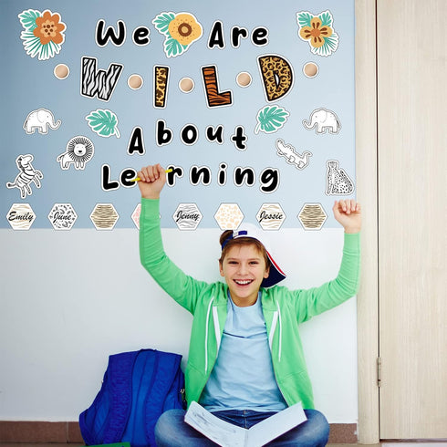 Ctosree 134 Pcs Safari Bulletin Board Set - We are Wild about Learning with Leaf Flower Wood Bead Animals Cutouts