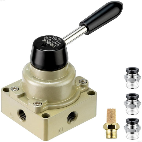Pneumatic Hand Valve HV-02: Rotary Lever 3 Position 4 Way 1/4" NPT Air Control Flow Valve