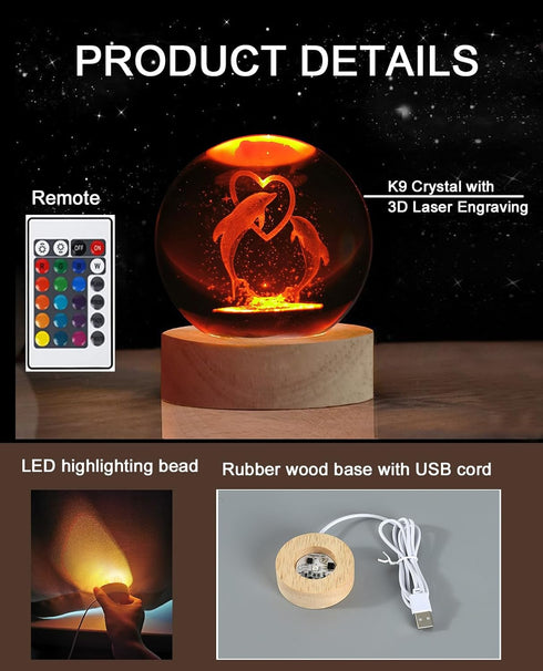Zabalar 3D Crystal Dolphin Ball Light with Colorful LED Light Base,Heart Dolphin Lamp for Room,Color Changing Animal