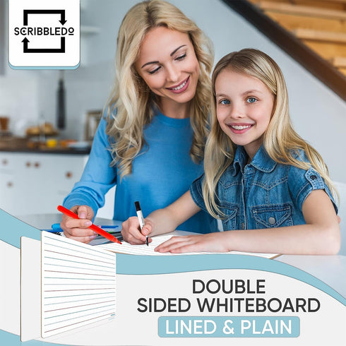 Scribbledo 10 Pack Double Sided Whiteboards, Lined Dry Erase Board for Kids, Handwriting Practice, 9x12, 10 Markers