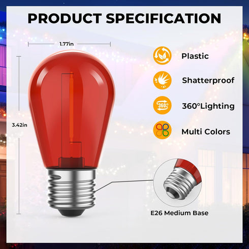 24 Pack S14 Bulbs, 1W Bulbs E26 2200K, Dimmable, GvvooHome Colored LED String Light Plastic Shatterproof Replacement