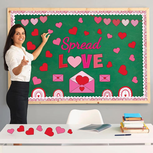 Spread Love Bulletin Board Decorations, Valentine Rainbow Envelopes Cutouts with Glue Point Dots for Classroom Supplies