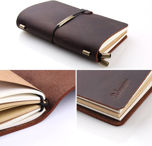 Robrasim Refillable Leather Journal - Antique Handmade Writing Diary, Medium Size 6.7" x 4", Coffee Travel Notebook