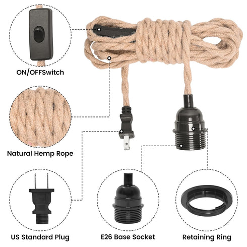 eivtokn 15FT E26 E27 Decor-2 Pack Plug in Pendant Light Cord, Industrial Hanging Light Kit with Hemp Rope, Light Socket
