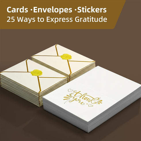 Amcubec 110pcs Set(25 Pack), 350GSM Gold Foil Thank You Cards with Envelopes, Bulk Heavy Duty Thank You Notes