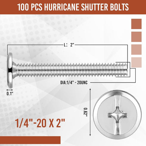 Blulu 100Pcs 1/4"-20 304 Doors(1/4"-20 2) Hurricane Shutter Bolts, Sidewalk Screws Bolts Truss Head Shutter Screws