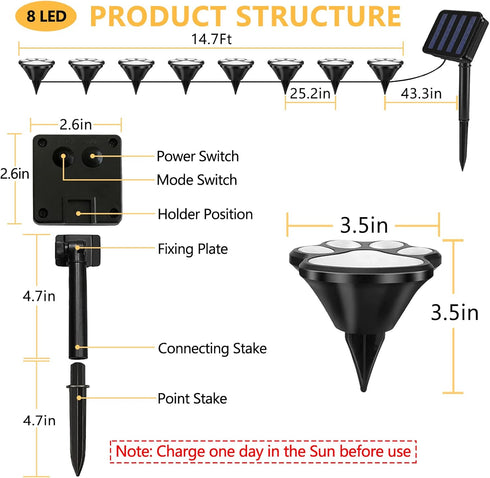 16.8ft (Set 8) Paw Print Solar Lights - Dog Cats Animal Solar String Lights of Outdoor Waterproof, Cat Puppy Animal
