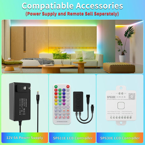 18ft 12V RGB Smart IC COB LED Strip Light Addressable Chasing Color LED Light Strip Multicolored Flexible RGB Lights