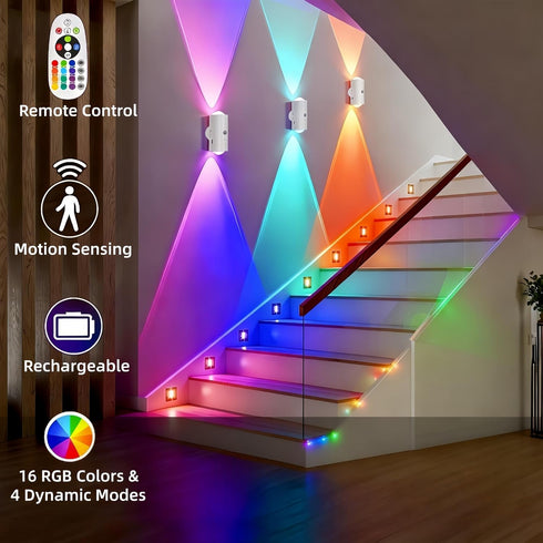 Generic 4 Pack 1200mAh Dimmable, Rechargeable Dynamic RGB LED Wall Lamp, Motion-Sensing Step Lights with Remote