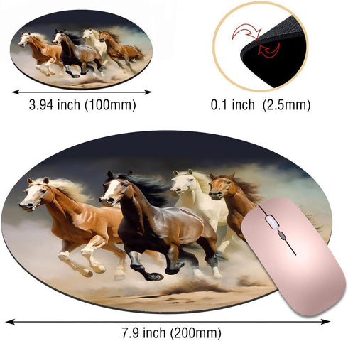 Round Mouse Pad with Coasters Set, Non-Slip Rubber Horse Design Mouse Pad for Office Desk Decor