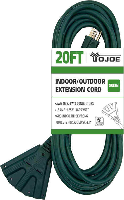 YOJOE 20 Foot Green Outdoor Extension Cord with 3 Power Outlets, 16/3 SJTW Waterproof for Yard Decorations