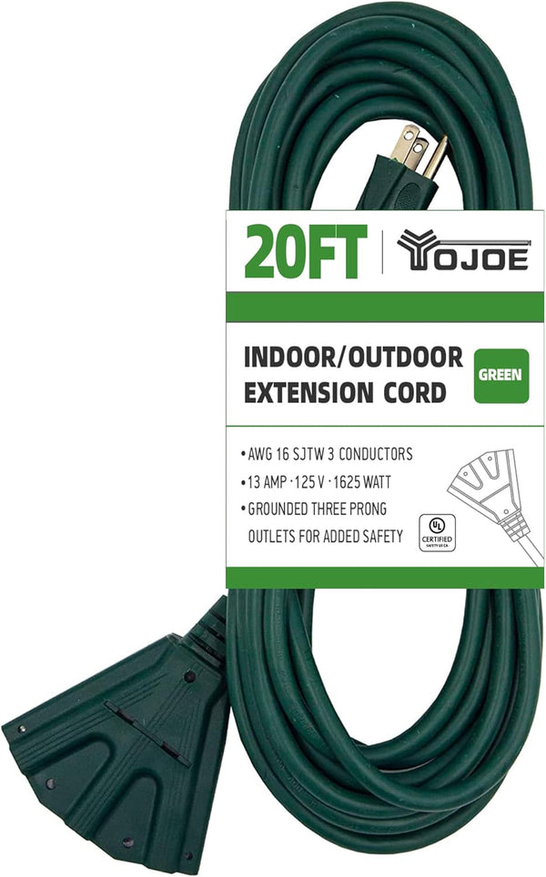 YOJOE 20 Foot Green Outdoor Extension Cord with 3 Power Outlets, 16/3 SJTW Waterproof for Yard Decorations