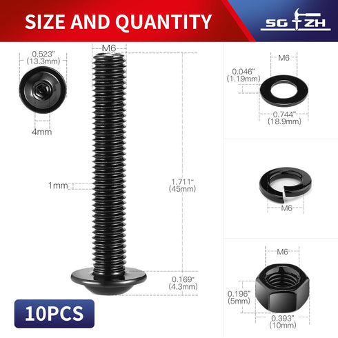 M6 x 45mm Flanged Button Head Socket Cap Screws, 10Pcs 18-8 Stainless Steel, Black Oxide by SG TZH