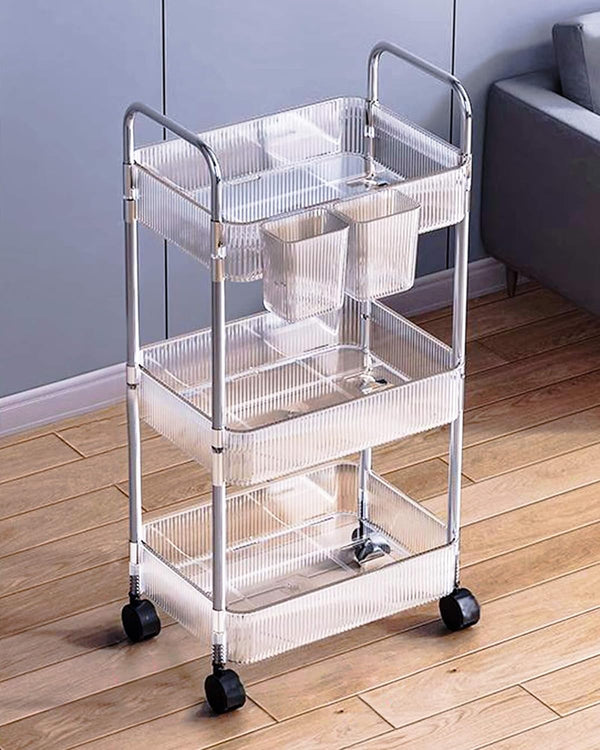 Dalekana 3-Tier Plastic Rolling Utility Clear Cart with Wheels, Multifunctional Storage Organizer Cart