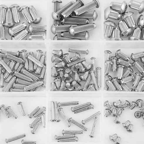 250pcs Round Head Solid Rivets, Knurled Shanks M2 M3 M4 M5 Stainless Steel Fasteners Assortment Kit