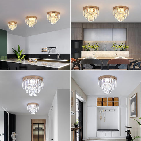 3-Tier K9 Crystal Flush Mount Ceiling Light Modern Crystal Chandelier Gold Mini Round Hanging Pendant Light Luxury