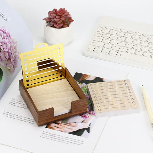 Buqoo Wood Sticky Note Holder with Metal Stencil, 2 Sticky Notes 3"x3", Organizer for To Do Lists