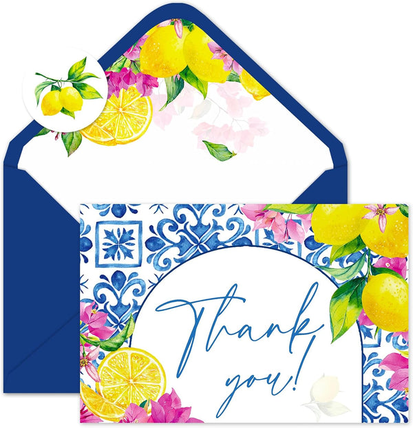 Whaline 50 Pcs Mediterranean Lemon Thank You Cards Boxed Blue Tile Flower