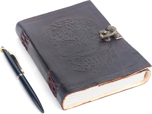 TUZECH Leather Journal Diary, Skull Vintage Antique Book of Shadows, Handmade Notebook, 7X5 Inches
