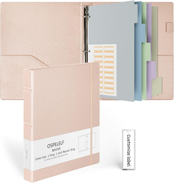 Ospelelf Vintage Hardcover 1 Inch Leather Binder, Professional 3 Ring Organizer for Letter Size, Faux Rose Gold with