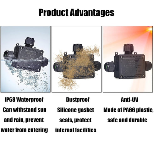 IP68 Waterproof Junction Box, 3 Way Underground Electrical Box, Plastic Box with Terminal Block for LED Lighting