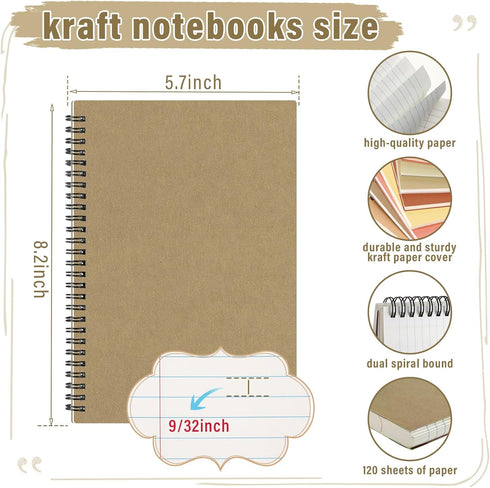 Fuutreo 12 Pcs A5 Spiral Notebook, 8.3 x 5.7 Inch College Ruled Journal with Kraft Cover, 60 Sheets, 120 Pages, Vibrant