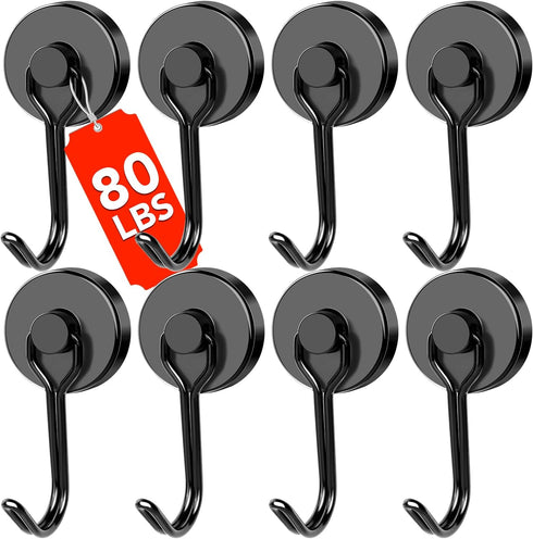 DIYMAG 8 Pack Black Magnetic Hooks, 80LBS Heavy Duty Strong Magnet Hooks with Metal Hanger for Home Kitchen Office