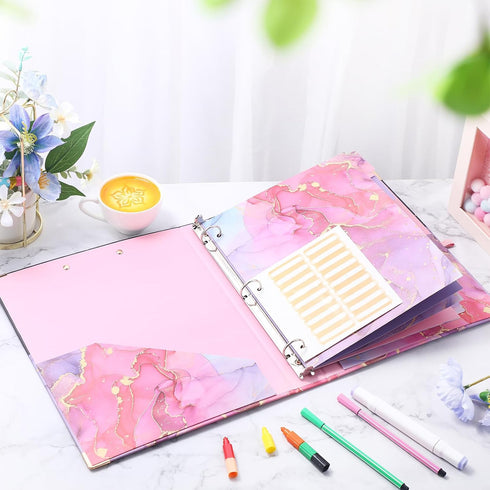 Teacher Binder 3 Ring Binder with Clipboard, 1 Inch Marble, 5 Tab Dividers, 2 Pockets, Label Stickers, Pink Gifts for