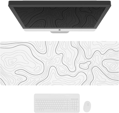 Ovenbird Large Gaming Mouse Pad: Minimalist Topographic Map Desk Mat, Extended XL Anti-Slip Base, 35.4 x 15.7 in, White