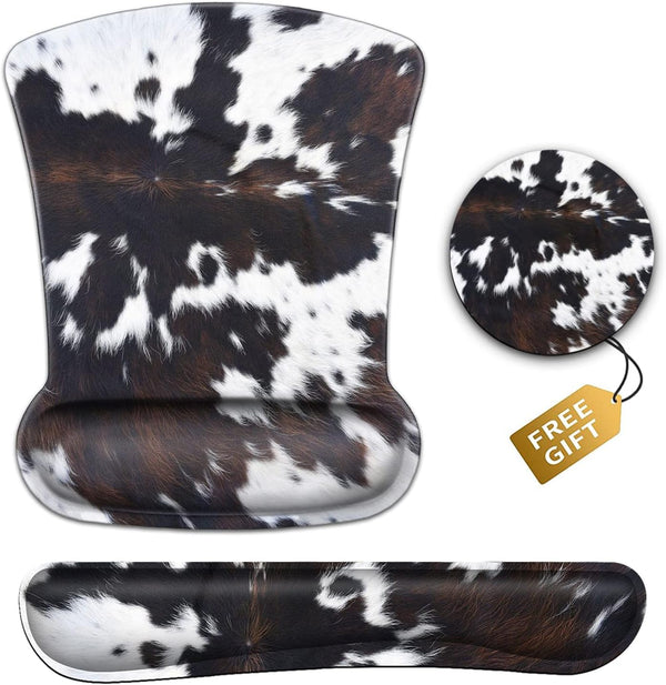 Keyboard Wrist Rest and Mouse Pad Set, Ergonomic Coaster for Easy Typing Pain Relief, Memory Foam, Cowhide Brown Black