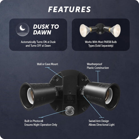 Globe Electric 240W Twin Head Black Hardwired Automatic Dusk to Dawn Security Flood Light