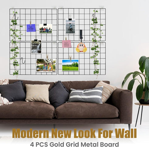Metal Grid Wall Panel, 17.3"×11.8" Wire Photo Display Organizer, 4-Pack Memo Board with Clips and Hooks