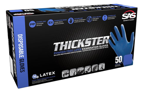 Thickster Powder-Free Exam Grade Latex Disposable Gloves, Size Large, Blue, Pack of 50 (6603-20)