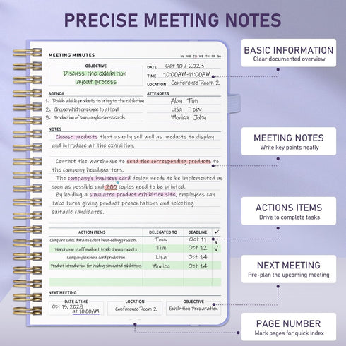 WEMATE Simplified Meeting Notebook, 200 Pages with Action Items, PU Leather Hardcover for Project Planner - Light Purple