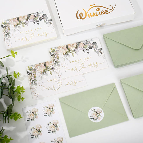 50 Pack Whaline Floral Wedding Thank You Cards Flower with Eucalyptus Leaves Mr & Mrs Thank You Greeting Note Cards