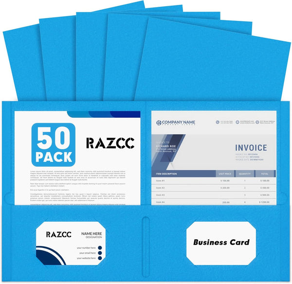RAZCC Two Pocket Folders, 50 Pack, Fit Letter Size Paper, Pockets for School Office Business Home, Blue