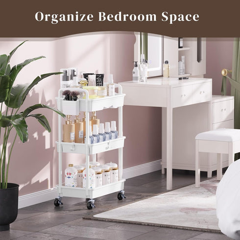 Rolling Utility Cart with Drawer, 3 Tier Storage Organizer with Lockable Wheels for Kitchen, Bathroom, Office