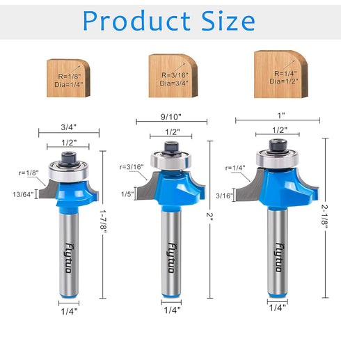 3Pcs Set 1/4" Set, 1/4", 3/8", 1/2", 1/8'', 3/16'', 1/4'') Roundover Edging Router Bit Shank, Corner Rounding