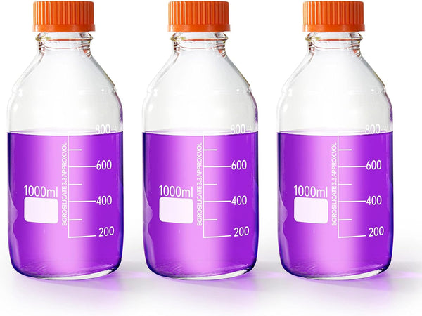1000ml Round Borosilicate Glass Media Storage Bottles with GL45 Screw Cap, Maximum Temperature 249.8°F, Pack of 3