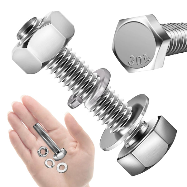 (6 Sets) 3/8-16x1-3/4" Hex Head Stainless Steel Bolts and Nuts with Flat & Lock Washers, 304 Stainless Steel 18-8