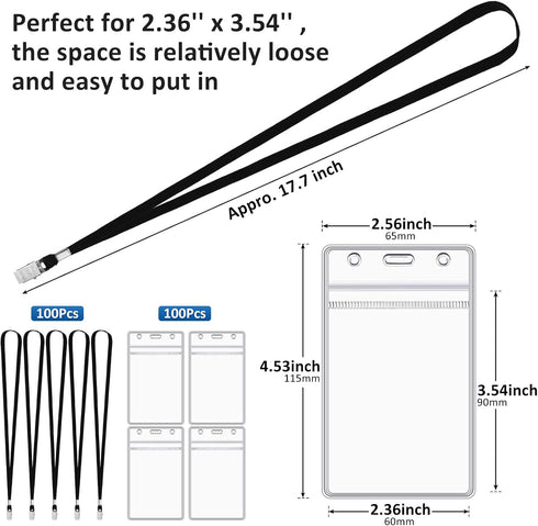 Marspark 200 Pcs Black Name Tag Lanyards with ID Holder, Resealable Flat Neck Lanyards for School Office Supplies