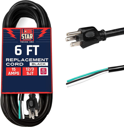 Lonestar 12 AWG Replacement Power Cord, 6 Ft Open End Appliance and Power Tool Cord, 15 Amp, NEMA 5-15P