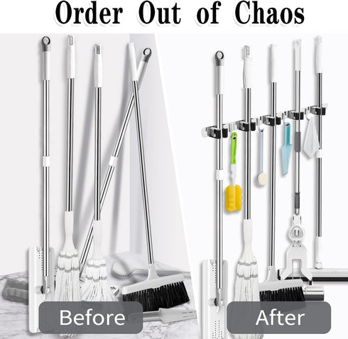 AceMining Mop and Broom Holder Wall Mount, 5 Racks and 4 Hooks, Heavy Duty Storage for Home Kitchen