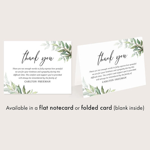 5.5x4.25 Folded Sympathy Thank You Cards - Greenery and Leaves Design, Personalized Memorial Notes, Custom Name Funeral