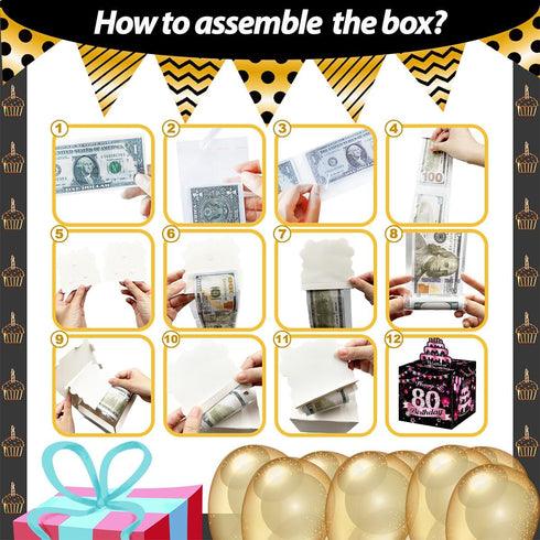 Toerifer 80th 80 Set-Included 35 Money Box for Cash Birthday Gift, Years Old Surprise Box Gift Box for Money Pull